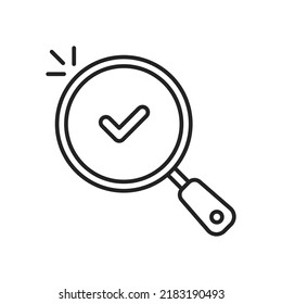 thin line abstract black magnifier with check mark. linear minimal trend modern simple stroke loupe logotype design web element isolated on white. concept of analysis tool and approve or accept