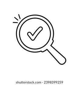thin line abstract black magnifier with check mark. linear minimal trend modern simple stroke loupe logotype design web element isolated on white. concept of analysis tool and approve or accept