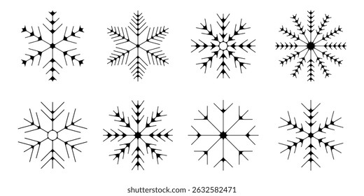 Dünne Linie ästhetische Schneeflocke Ikonensatz. Modernes brutalistisches Design