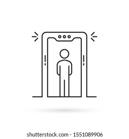 Thin Line Airport Security Scanner Icon. Flat Lineart Style Trend Modern X-ray Machine Logotype Graphic Art Design Isolated On White Background. Concept Of Human Xray Scan And Terminal Gate Secure