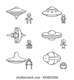 Thin line aliens with spaceships icons. Linear style vector illustrations isolated on white