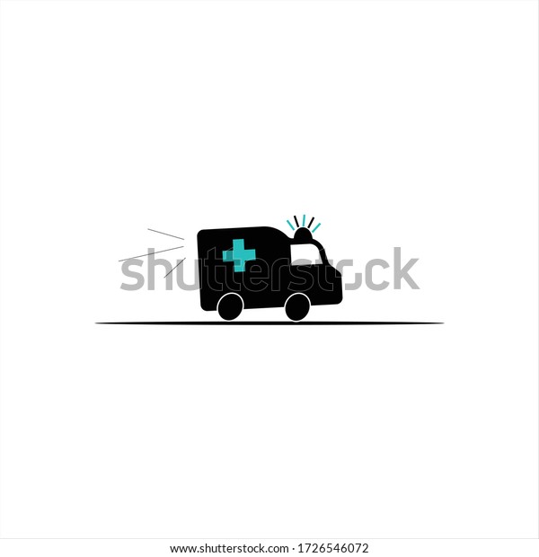 Thin line ambulance moving in hurry on\
white background. Ambulance with green plus sign and blue siren.\
Minimalist medical icon. Health care\
symbols.