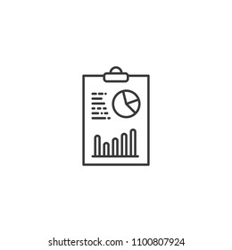 thin line analytics on clipboard icon on white background