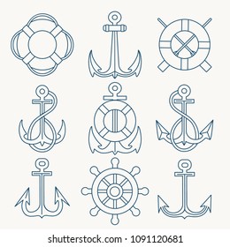 Thin Line Anchors, lifebuoy and steering wheels Emblem set. Vector illustration.