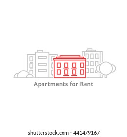 thin line apartments for rent. concept of dwelling label, townhouse panorama, residence, office skyline, hotel. flat lineart style trend modern graphic design vector illustration on white background