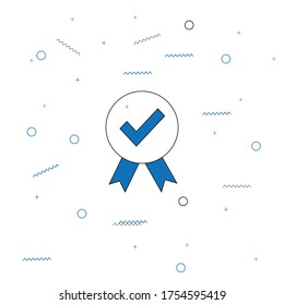 Sello aprobado en línea delgada con marca de verificación. Vectores relacionados de aprobación minimalista. Símbolo de garantía de protección. Diseño de patrones con círculos y líneas azules. Trazo editable. Pixel perfecto.