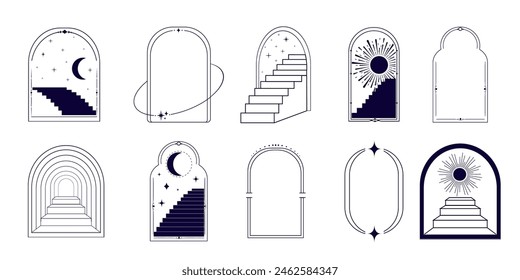 Thin line arch frame door stairs, sun and stars collection, mystic portal, astrology border, decoration, set minimal tatoo on white background.