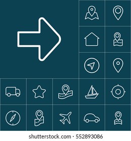 thin line arrow icon on blue background, navigation set