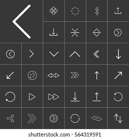 thin line arrow icon set for use in different applications, media libraries. On a gray background
