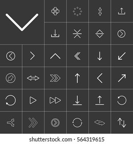 Thin Line Arrow Icon Set For Use In Different Applications, Media Libraries. On A Gray Background