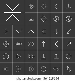 thin line arrow icon set for use in different applications, media libraries. On a gray background
