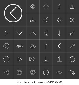 thin line arrow icon set for use in different applications, media libraries. On a gray background