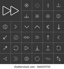 thin line arrow icon set for use in different applications, media libraries. On a gray background