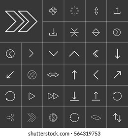 thin line arrow icon set for use in different applications, media libraries. On a gray background