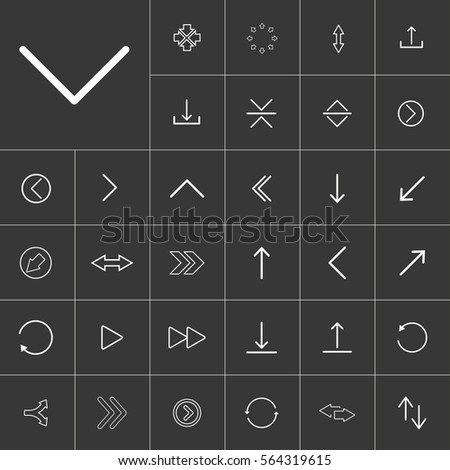 thin line arrow icon set for use in different applications, media libraries. On a gray background