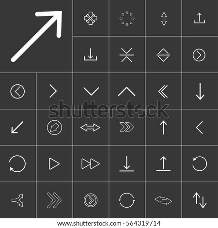 thin line arrow icon set for use in different applications, media libraries. On a gray background