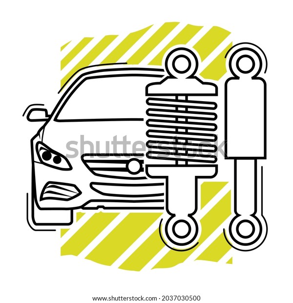 Thin line art\
automotive symbol. Illustration of a sedan car combined with\
suspension. White\
background.