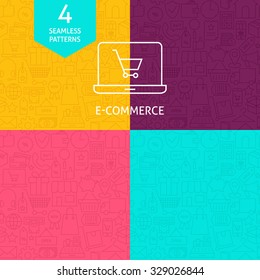 Thin Line Art Business E-Commerce and Finance Pattern Set. Four Vector Online Shopping and Money Design and Background in Trendy Modern Line Style.