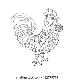 Thin line art cock, doodle style stroke. Vector element for New Year's or Merry Christmas design or antistress coloring book. Vector isolated illustration. Rooster, symbol of 2017 on the Chinese calendar. 