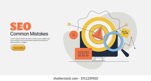 Thin line art concept common SEO mistakes, Digital marketing Mistakes, Wrong marketing strategy - vector illustration with icons