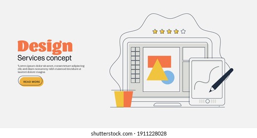 Concepto de arte en línea delgada de servicios de diseño, diseño web, diseño gráfico, desarrollo web, creatividad y arte tecnológico - plantilla de ilustración vectorial