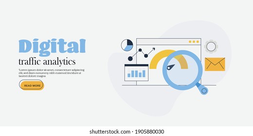 Concepto de arte en línea delgada de informe de marketing digital, análisis de SEO, rendimiento del sitio web - ilustración vectorial con iconos y textos