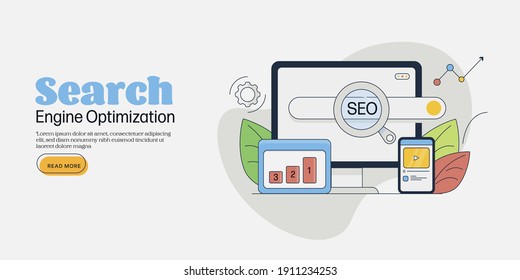 Concepto de arte de línea delgada de optimización de motores de búsqueda, marketing de búsqueda, servicios SEO - plantilla de ilustración vectorial