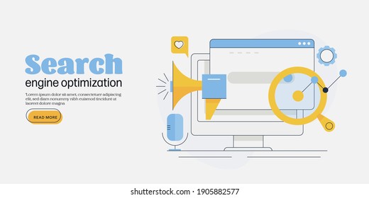 Thin Line Art Concept Of SEO Marketing, Website Optimization, Digital Analytics, Search Technology - Vector Illustration With Icons