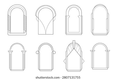 Thin line art deco frame collection with elegant arch borders and classic columns, vector illustrations on white background. Luxury geometric ornaments for boho design, minimalist plaques, invitations