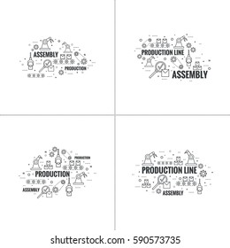 Thin Line Art Design. Linear vector set icons and elements.  Concept Production line, Assembly, development, robotic automatic conveyor manufacture.