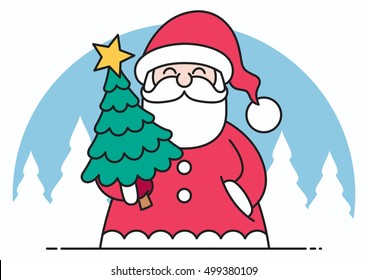 Thin line art flat design of Santa Claus bringing Christmas tree. 