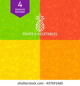 Thin Line Art Fruits & Vegetables Pattern Set. Four Vector Website Design and Seamless Background in Trendy Modern Outline Style. Fresh Healthy Vegan Food.