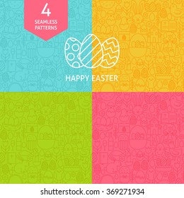 Thin Line Art Happy Easter Pattern Set. Four Vector Website Design and Seamless Background in Trendy Modern Outline Style. Spring Holiday.