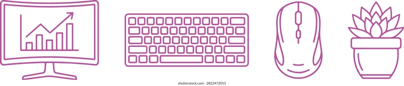Thin line art icons of computer equipment and desk accessories. Modern pink workspace elements featuring monitor with growth chart and succulent plant for minimalist business themes.