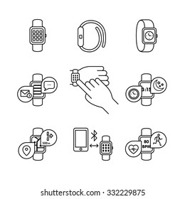 Thin line art icons set. Modern smart watches and apps. Tapping smartwatch on hand wrist. Black vector symbols isolated on white.