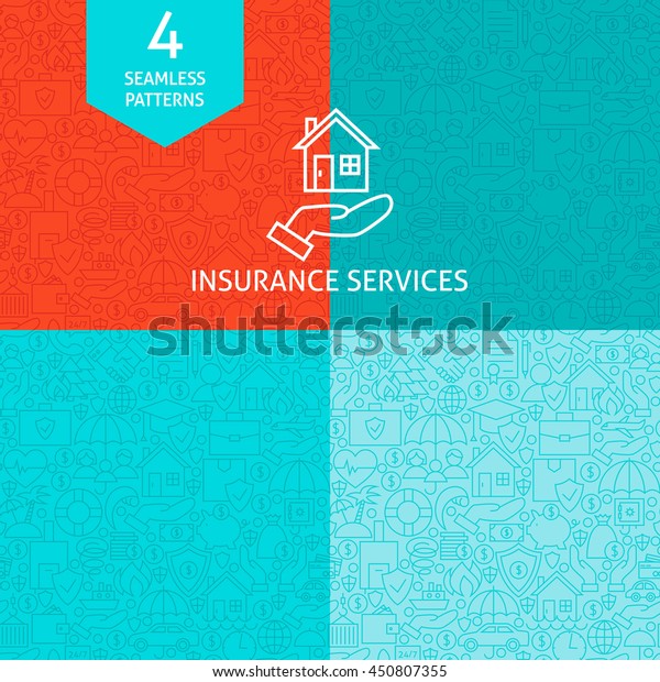 Thin Line Art Insurance Services Pattern Set.\
Four Vector Website Design and Seamless Background in Trendy Modern\
Outline Style. Business\
Insurance.