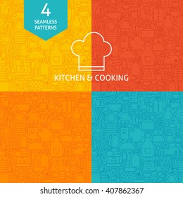 Thin Line Art Kitchen Utensils and Cooking Pattern Set. Four Vector Website Design and Seamless Background in Trendy Modern Outline Style. Kitchenware and Appliances.