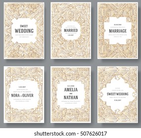 Thin line art set. Outline template of flyear, magazines, posters, book cover, banners. Hipster Decorative retro greeting card or invitation design. Layout illustrations modern pages with typography 