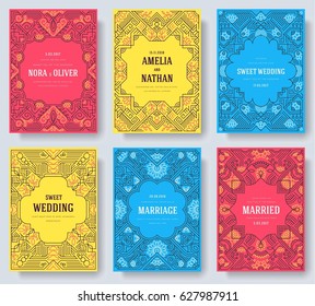 Thin line art set. Outline template of flyear, magazines, posters, book cover, banners. Hipster Decorative retro greeting card or invitation design. Layout illustrations modern pages with typography