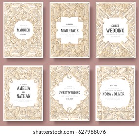 Thin line art set. Outline template of flyear, magazines, posters, book cover, banners. Hipster Decorative retro greeting card or invitation design. Layout illustrations modern pages with typography