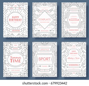 Thin line art set. Outline template of flyear, magazines, posters, book cover, banners. Hipster Decorative retro greeting card or invitation design. Layout illustrations modern pages with typography