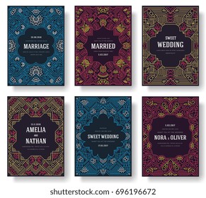 Thin line art set. Outline template of flyear, magazines, posters, book cover, banners. Hipster Decorative retro greeting card or invitation design. Layout illustrations modern pages with typography.