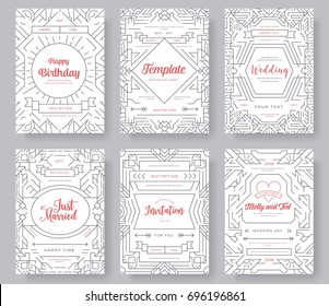 Thin line art set. Outline template of flyear, magazines, posters, book cover, banners. Hipster Decorative retro greeting card or invitation design. Layout illustrations modern pages with typography 