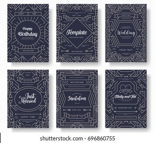 Thin line art set. Outline template of flyear, magazines, posters, book cover, banners. Hipster Decorative retro greeting card or invitation design. Layout illustrations modern pages with typography 