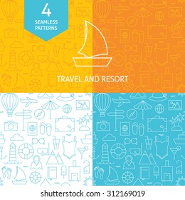 Thin Line Art Summer Holiday Travel Patterns Set. Four Vector Vacation and Resort Design and Seamless Background in Trendy Modern Line Style.