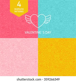 Thin Line Art Valentine Day Pattern Set. Four Vector Website Design and Seamless Background in Trendy Modern Line Style. Love Wedding.