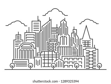 Thin line art vector Illustration of modern big city background with skyscrapers