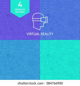 Thin Line Art Virtual Reality Pattern Set. Four Vector Website Design and Seamless Background in Trendy Modern Outline Style. Augmented Reality Technology.