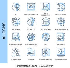 Thin Line Artificial Intelligence Related Vector Icons Set for Website and Mobile Site and Apps. Outline icons design. Contains such Icons as Recognition, Support Bot and more. Linear Pictogram Pack.