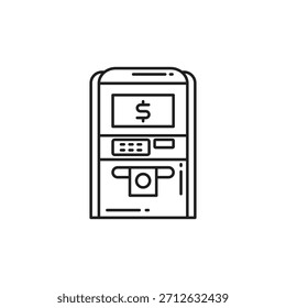 Icono de línea delgada de la máquina del cajero automático que representa retiro de efectivo, servicios bancarios y finanzas digitales. Ideal para App de fintech, banca en línea, transacciones de dinero e interfaz de usuario financiera.